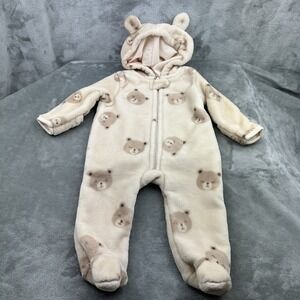Baby Gear Hooded Fleece Pajama 0-3 Months Brown Tan Ivory Bear Cold Weather